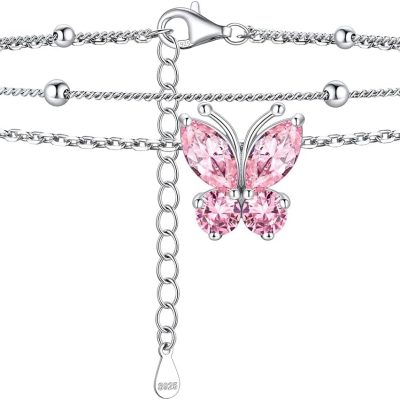 925 Sterling Silver Anklets for Women Sparkling Birthstone Ankle Bracelets for Women Layered Butterfly Anklet With Beaded Anklets for Women （With Gift Box