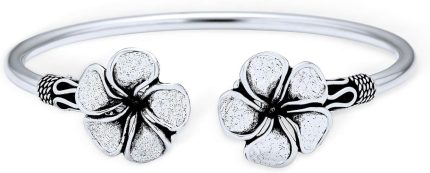 Balinese Bali Style Flower Ball Tips Bypass Stacking Black Rose Bangle Cuff Bracelet For Women Teen Oxidized . Sterling Silver