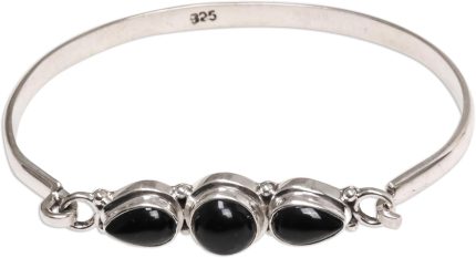 Artisan Handmade Onyx Bangle Bracelet . Sterling Silver Black Indonesia Birthstone 'Vision of Loveliness'