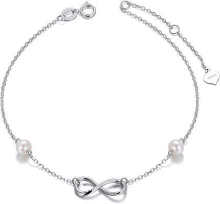 Gold Infinity Anklets for Women, Real Pearl Love Knot Ankle Bracelet Jewelry Gifts for Her, 8.6-10.2 Inch